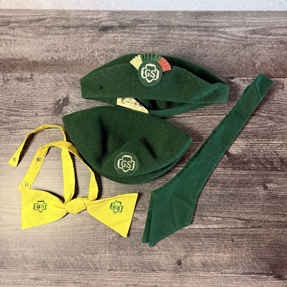 2 Vintage Girl Scout Berets Hat 100% Wool And Two Bow Ties